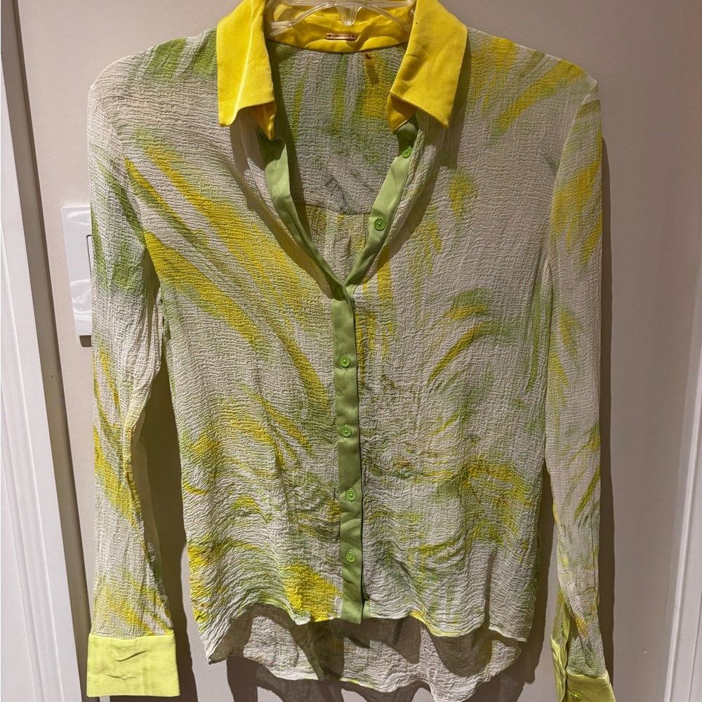 Chic Sheer Button-Down Shirt in Green and Yellow
